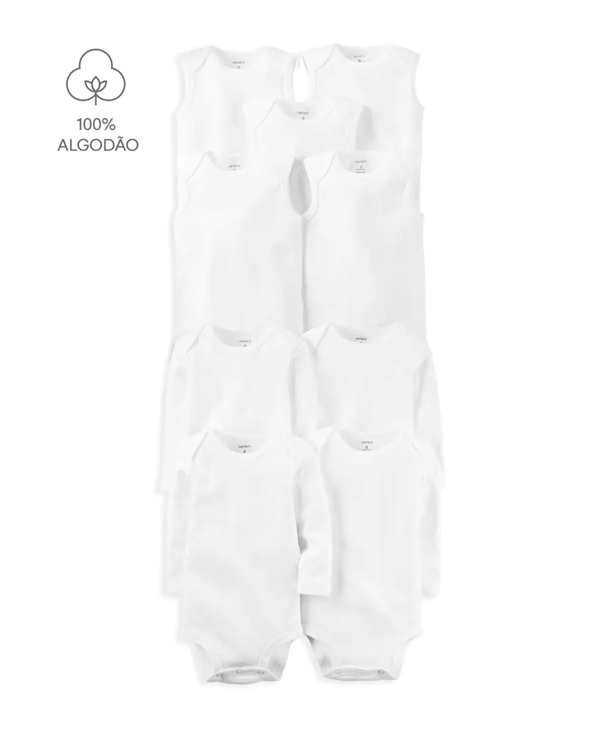 Kit body bebê 9 peças manga longa e regata branco