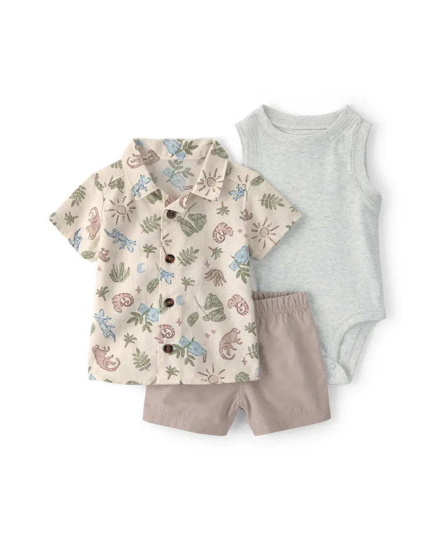 Conjunto curto bebê 3 peças estampado - Multicor