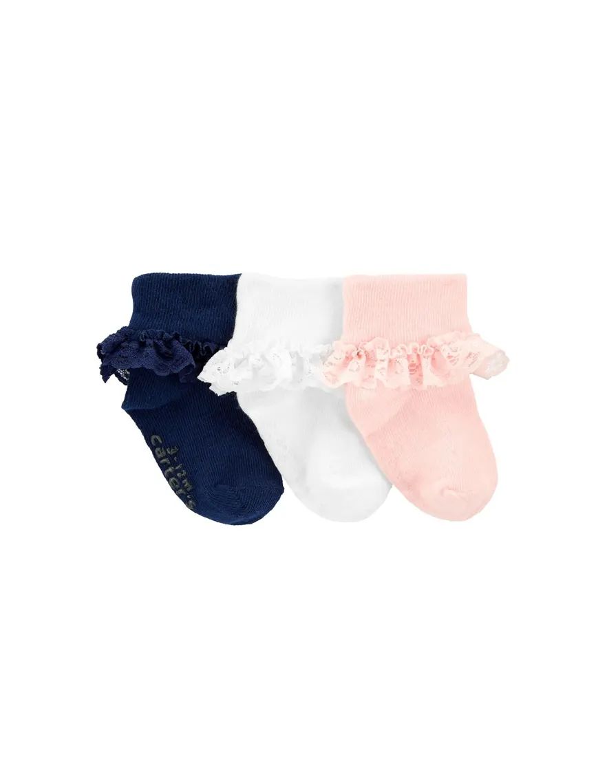 Kit meia bebê 3 pares com babados - multicor