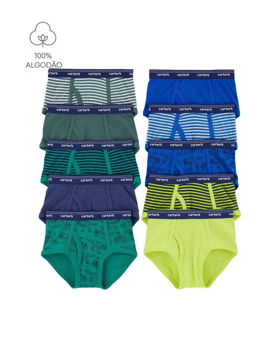 Kit cueca infantil slip 10 peças listras dinossauros - multicor