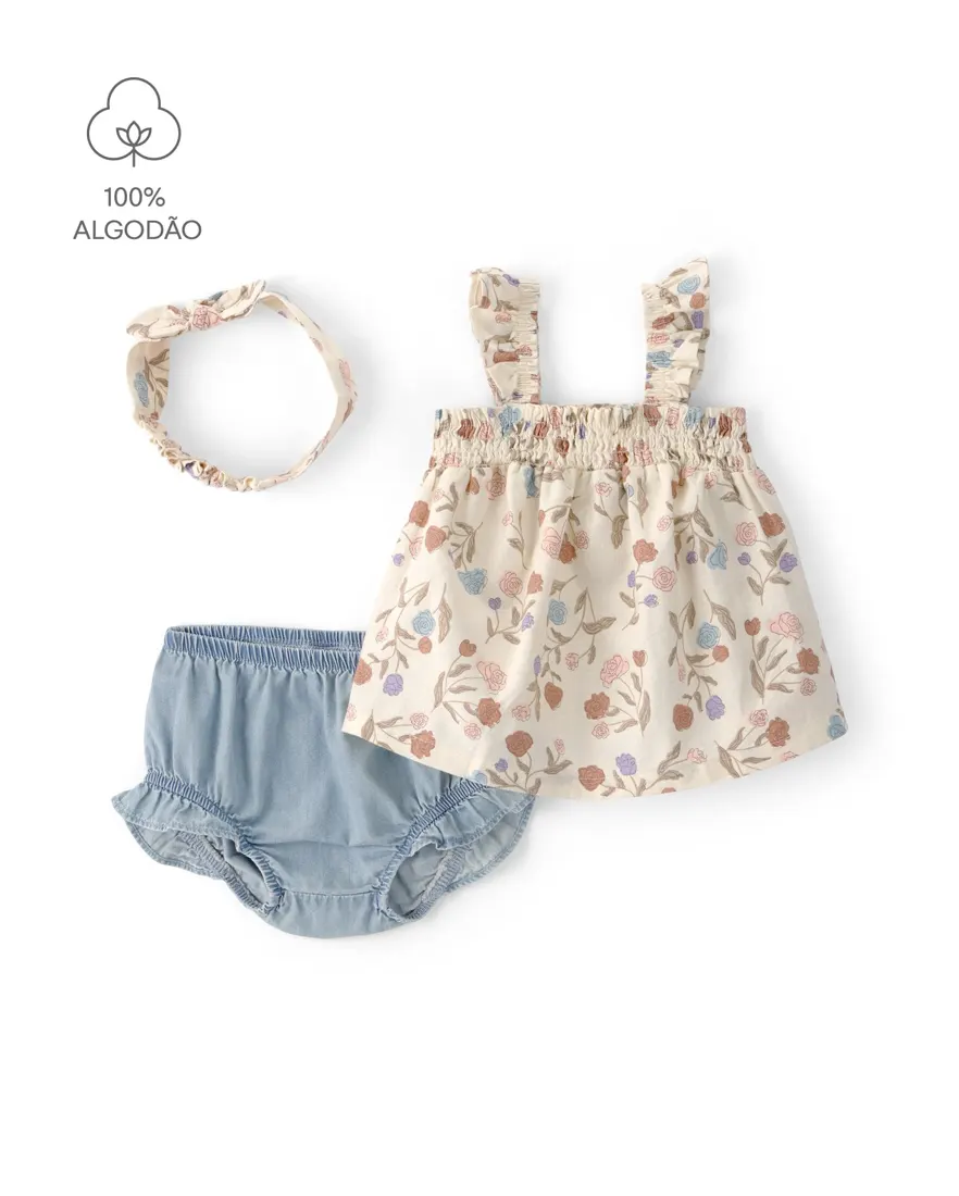 Conjunto curto bebê 3 peças floral faixa de cabelo - Multicor