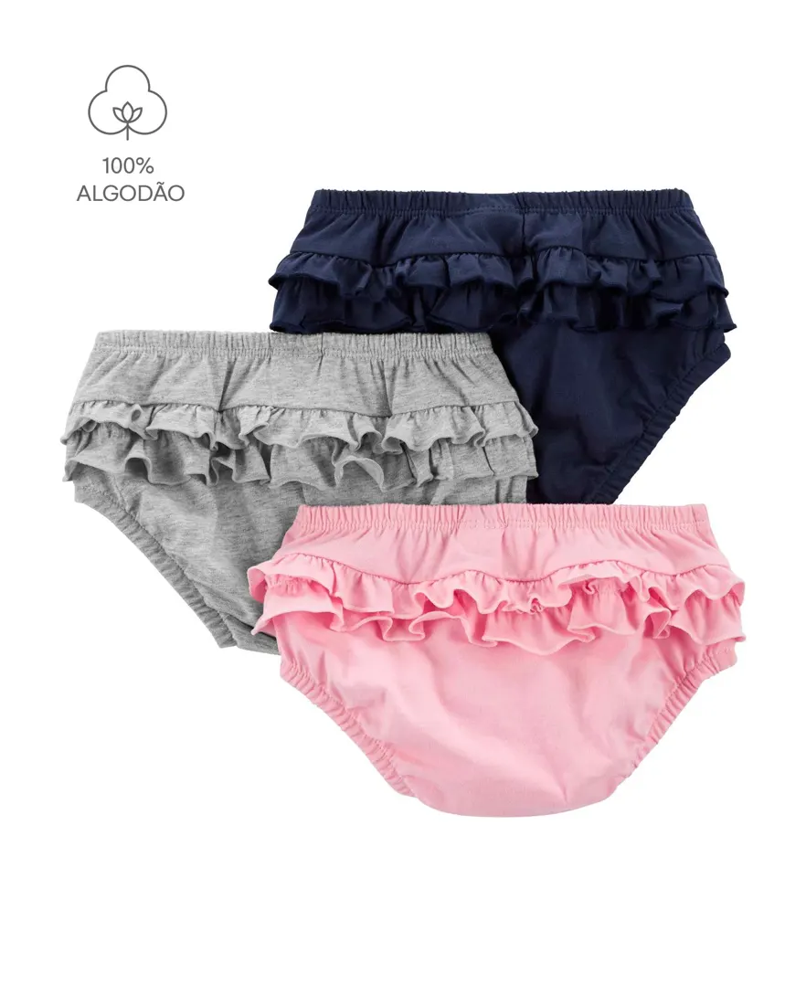 Kit tapa fralda com babados bebê menina em algodão 3 peças - Multicor