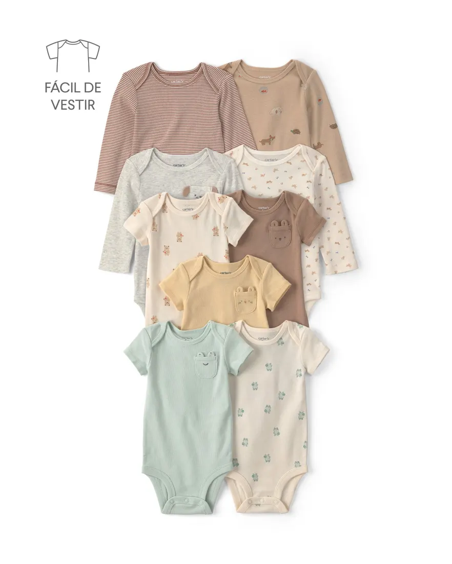 Kit body bebê 9 peças manga curta e manga longa estampa animais - Multicor