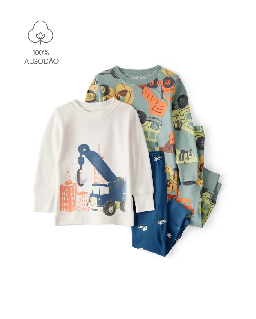Pijama longo bebê 4 peças construção - multicor