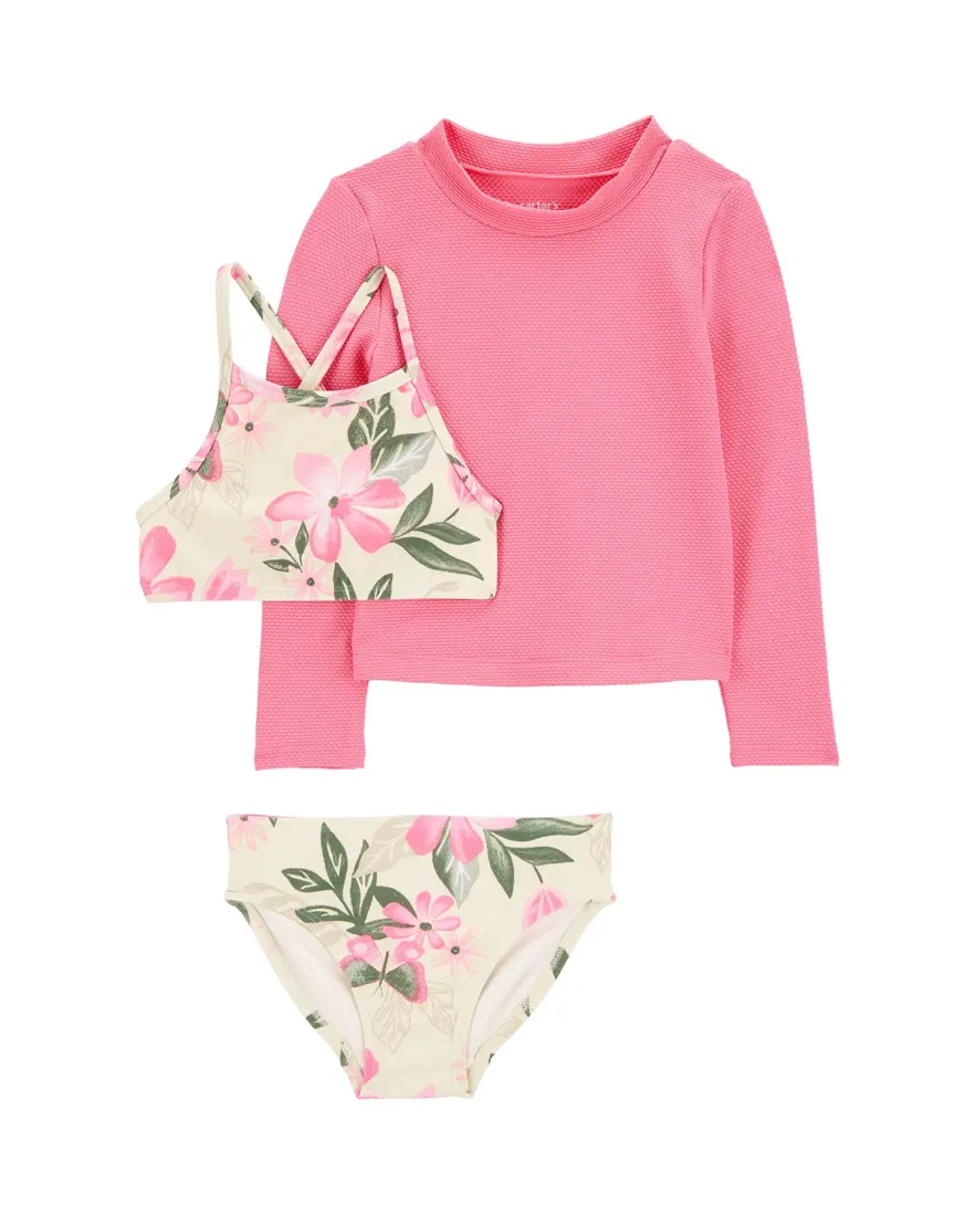 Biquíni bebê 2 peças floral + camiseta texturizada multicor