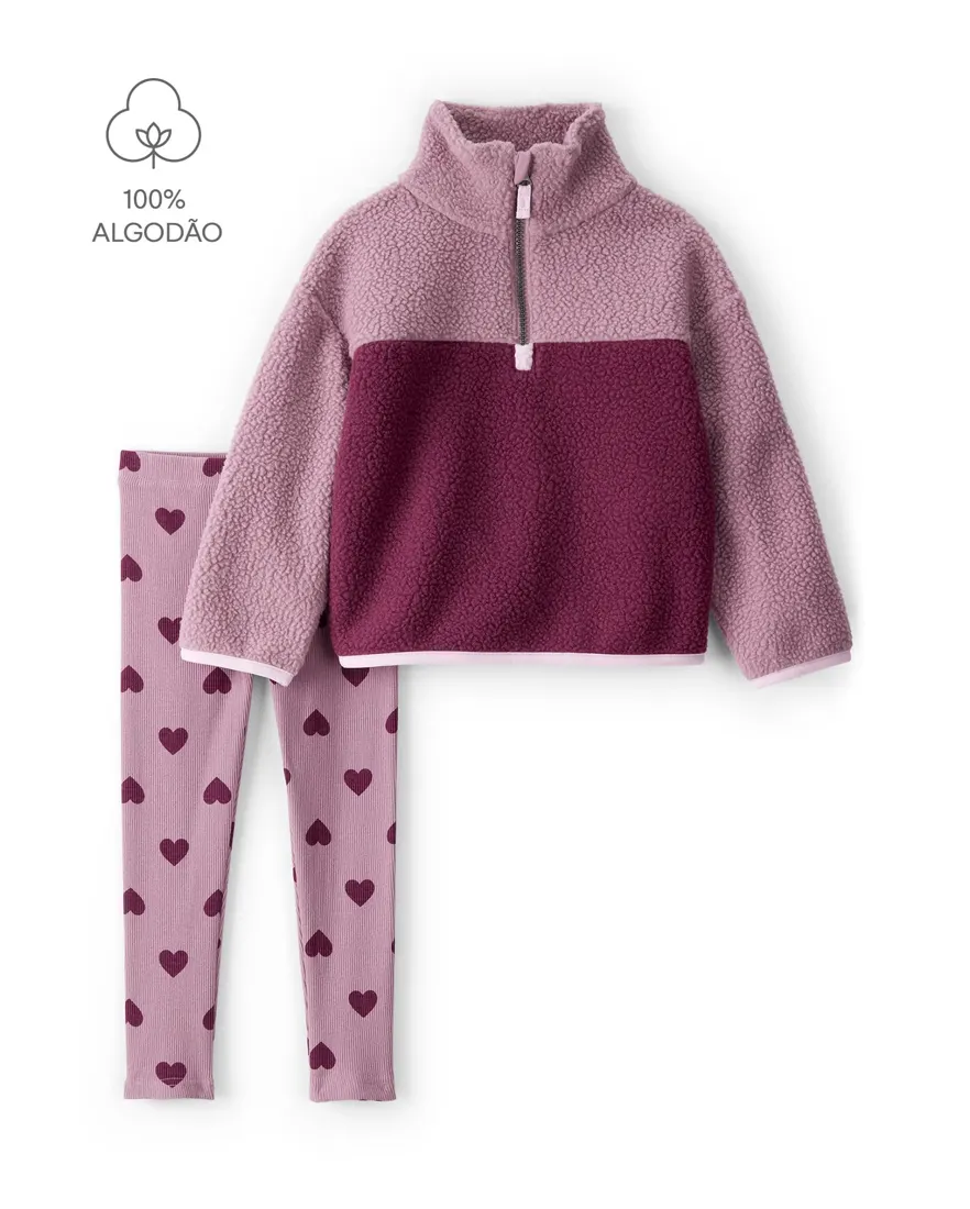 Conjunto infantil menina em sherpa coração 2 peças - Lilás