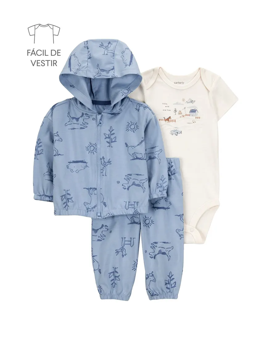 Conjunto longo bebê 3 peças bichinhos - multicor