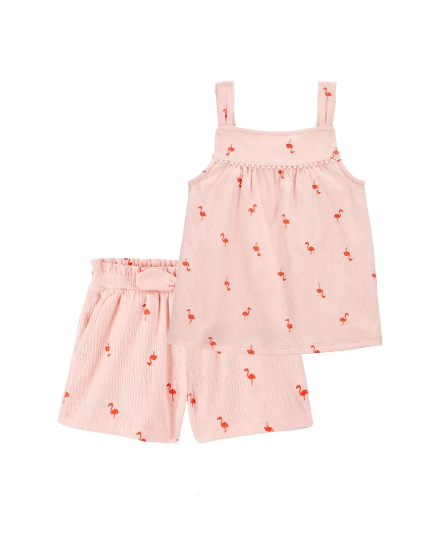 Conjunto curto infantil 2 peças texturizado flamingos - rosa