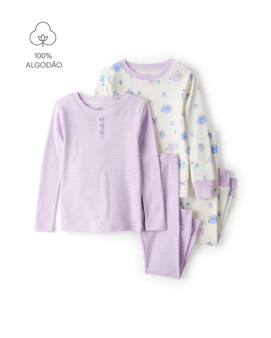 Pijama infantil 4 peças listras espaço - multicor