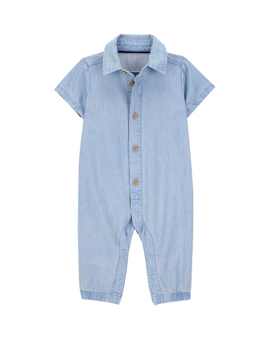 Macacão jeans bebê manga curta com gola denim médio