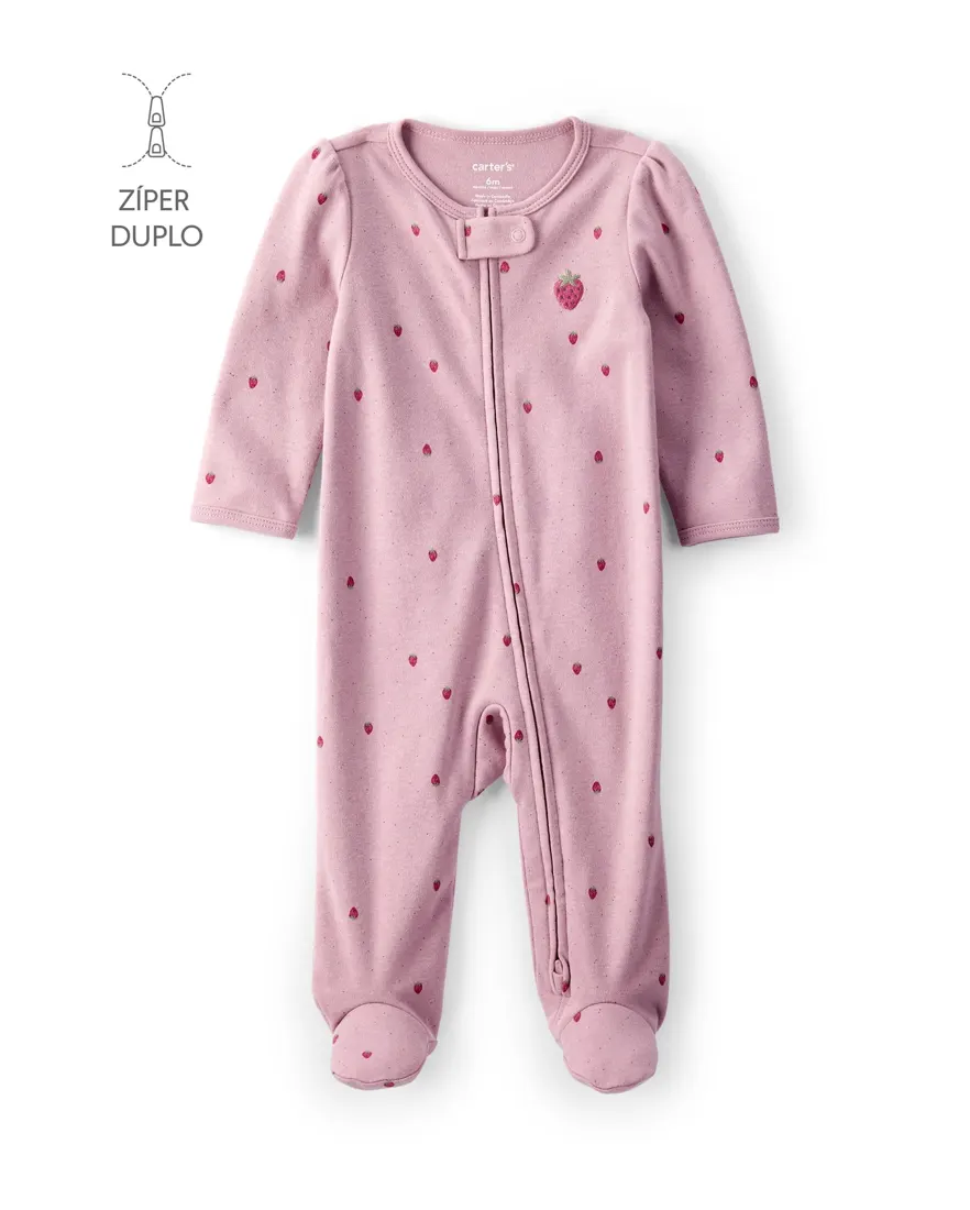 Macacão bebê com pezinho morangos - rosa