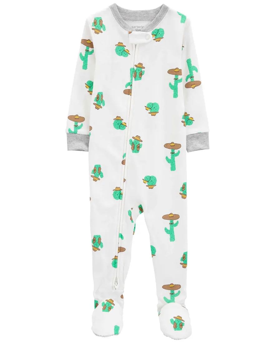 Macacão pijama infantil com pezinho cacto branco