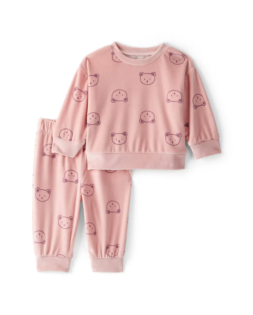 Conjunto longo infantil 2 peças em plush ursinhos - rosa