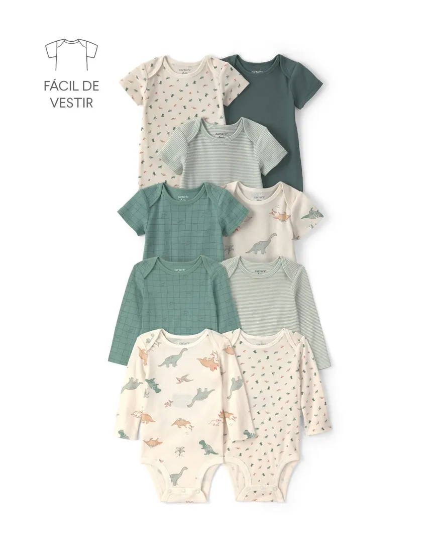 Kit body bebê menino em algodão dinossauro 9 peças - Multicor