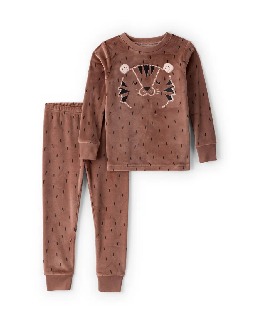 Pijama longo infantil 2 peças em plush tigre - marrom
