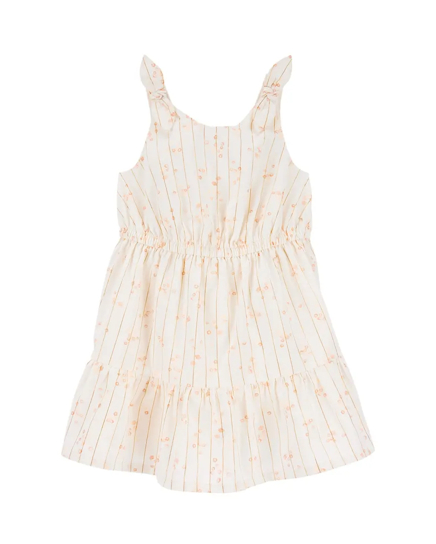 Vestido infantil evasê texturizado com laço off-white