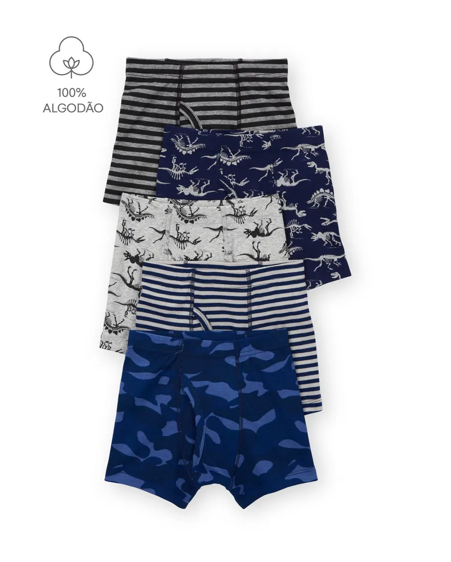 Kit cueca infantil boxer 5 peças dinossauros - multicor