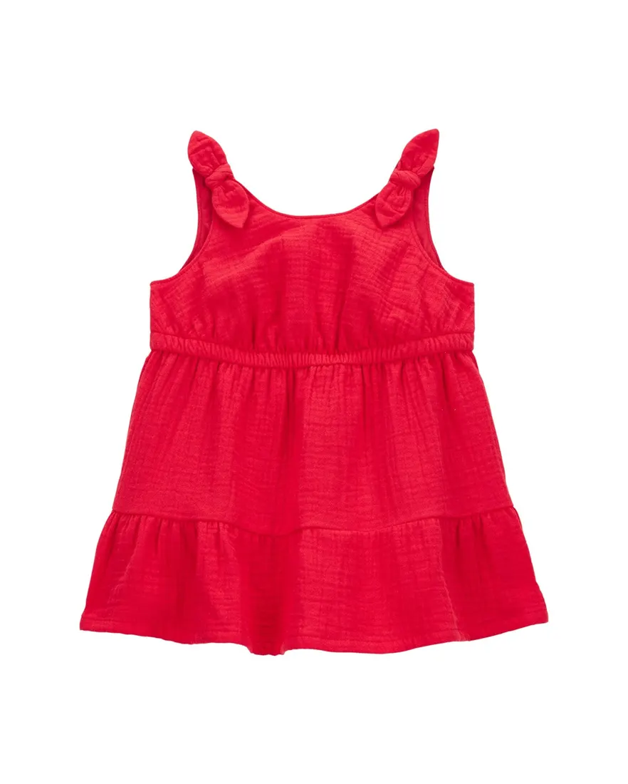 Vestido bebê evasê texturizado com laço e calcinha vermelho