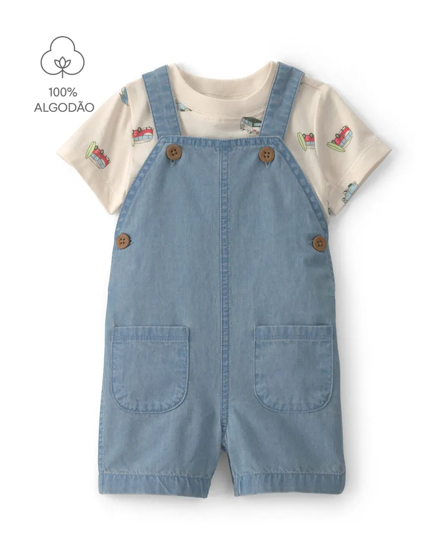 Jardineira jeans bebê com camiseta - multicor