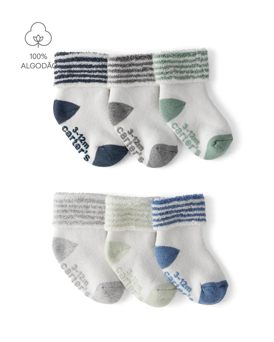 Kit meia bebê 6 pares fleece com listras multicor