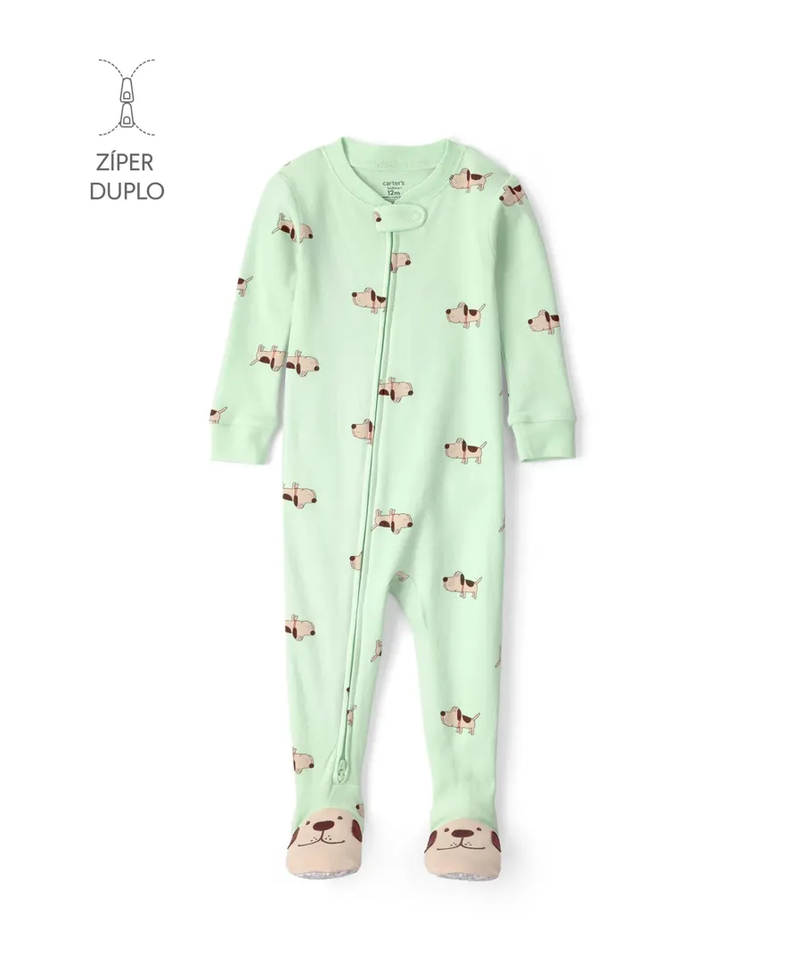 Macacão pijama com pezinho bebê menino em algodão cachorro - Verde