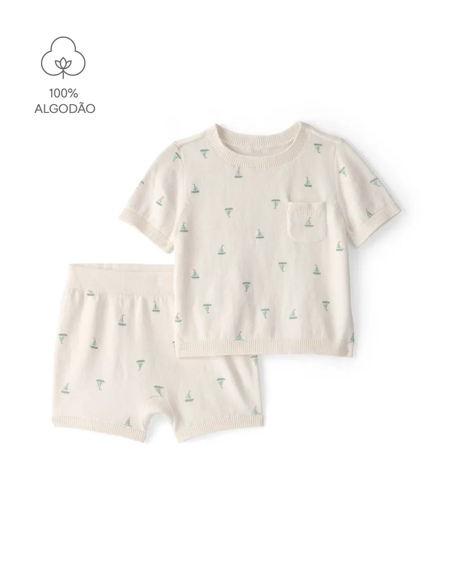 Conjunto curto bebê 2 peças em tricô estampado - Off-White