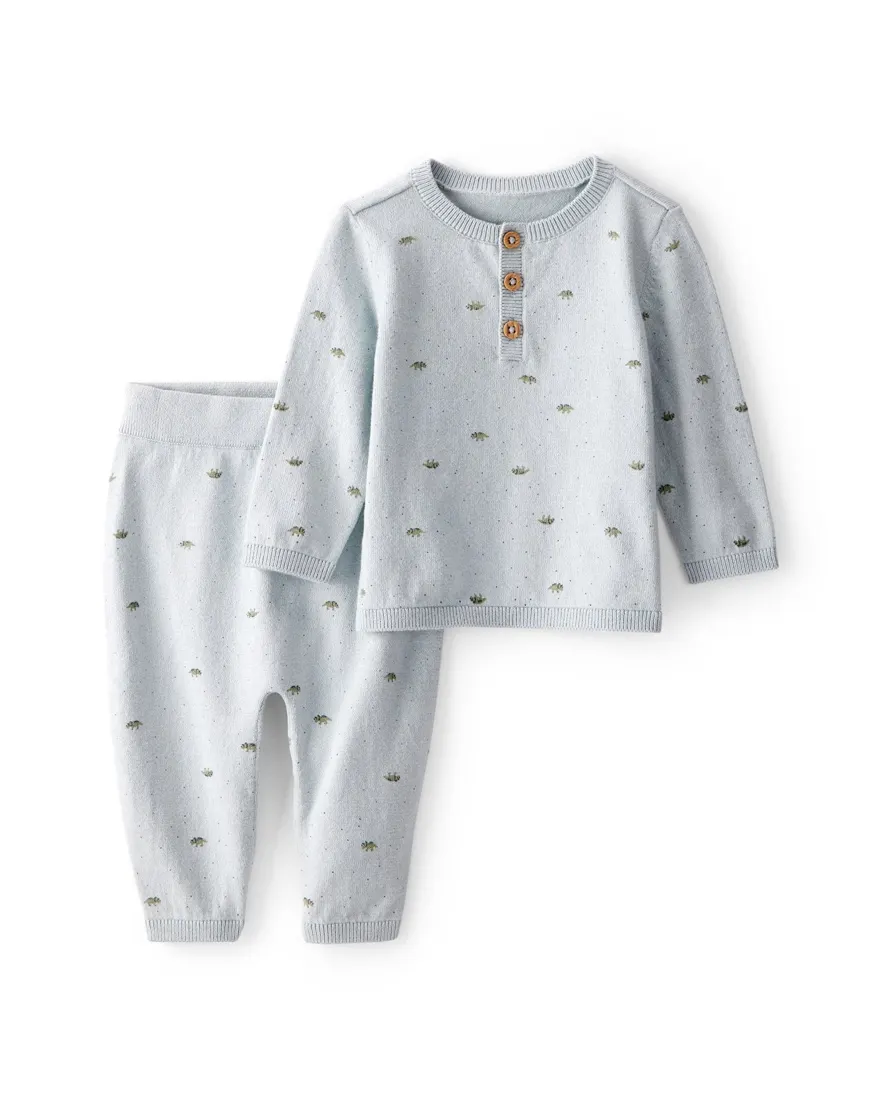 Conjunto longo bebê 2 peças tricot dinossauro - cinza