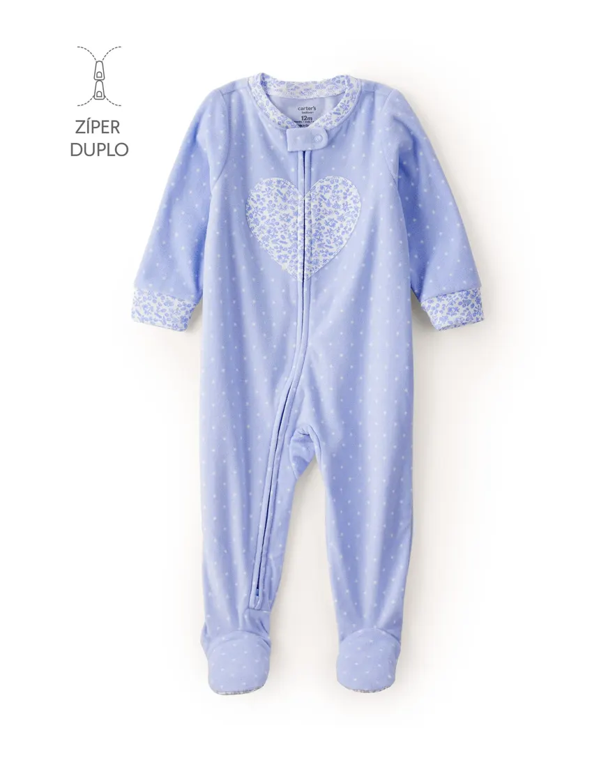 Macacão pijama infantil em fleece coração - azul