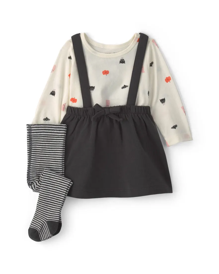Salopete bebê com camiseta Halloween e meia-calça - Multicor