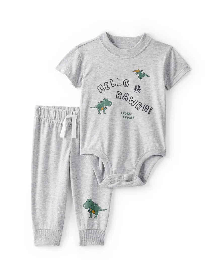 Conjunto longo bebê 2 peças dinossauro - cinza