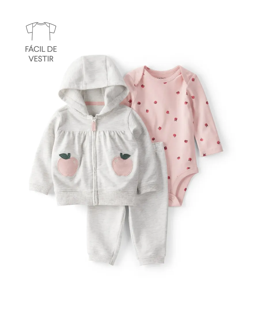 Conjunto longo bebê 3 peças capuz e maçãs - multicor