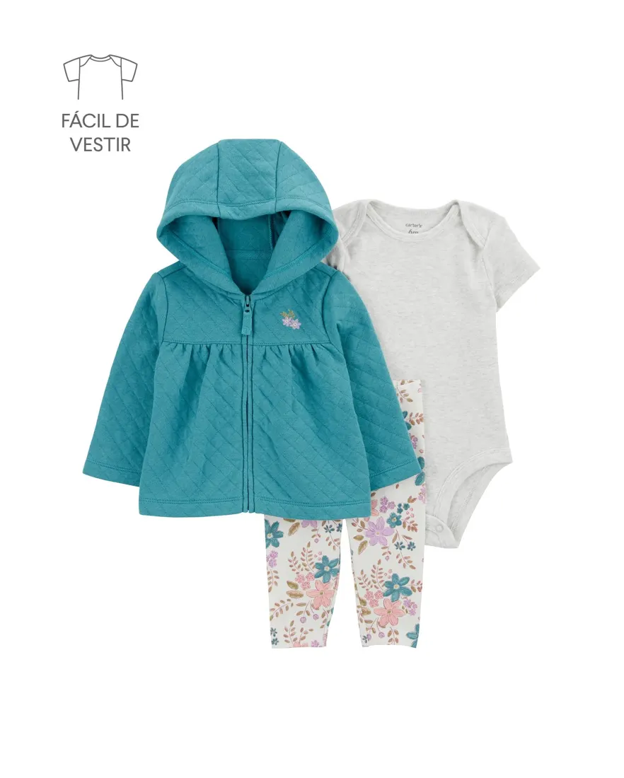 Conjunto longo bebê 3 peças matelassê floral - multicor