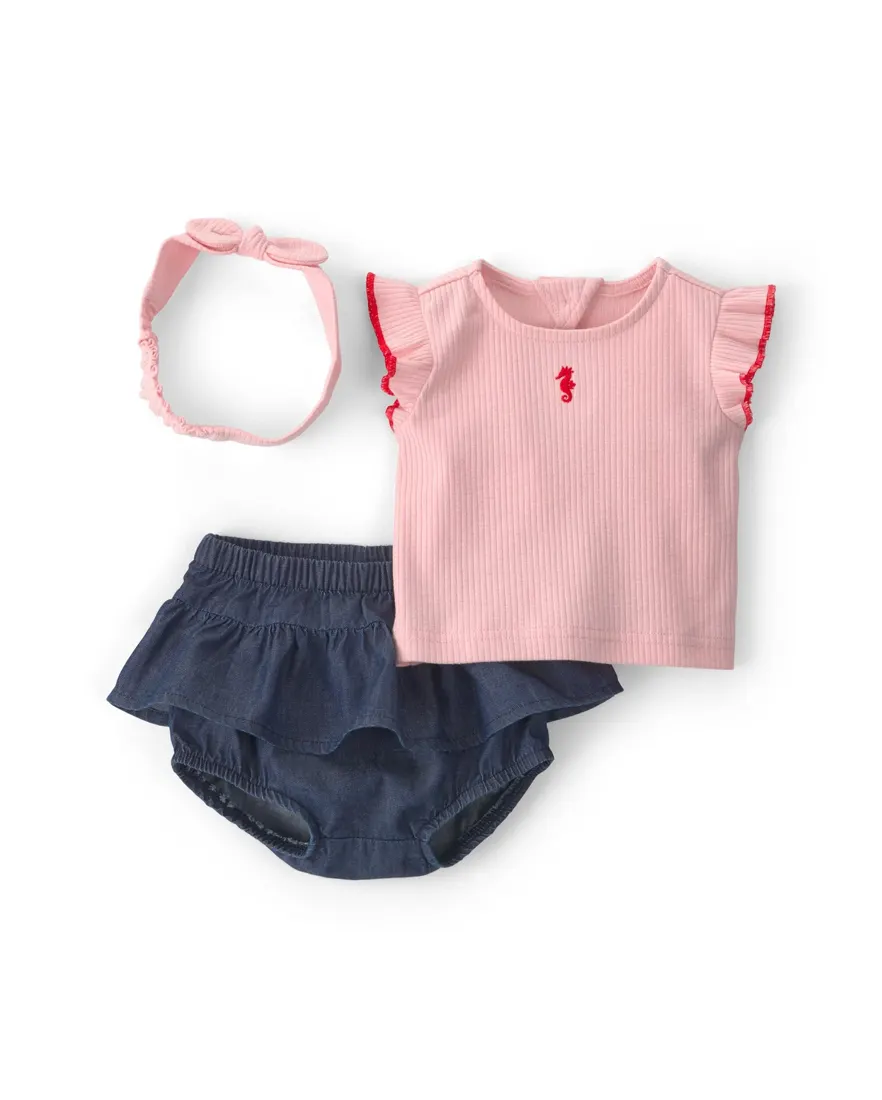 Conjunto curto bebê 3 peças bordado - Multicor