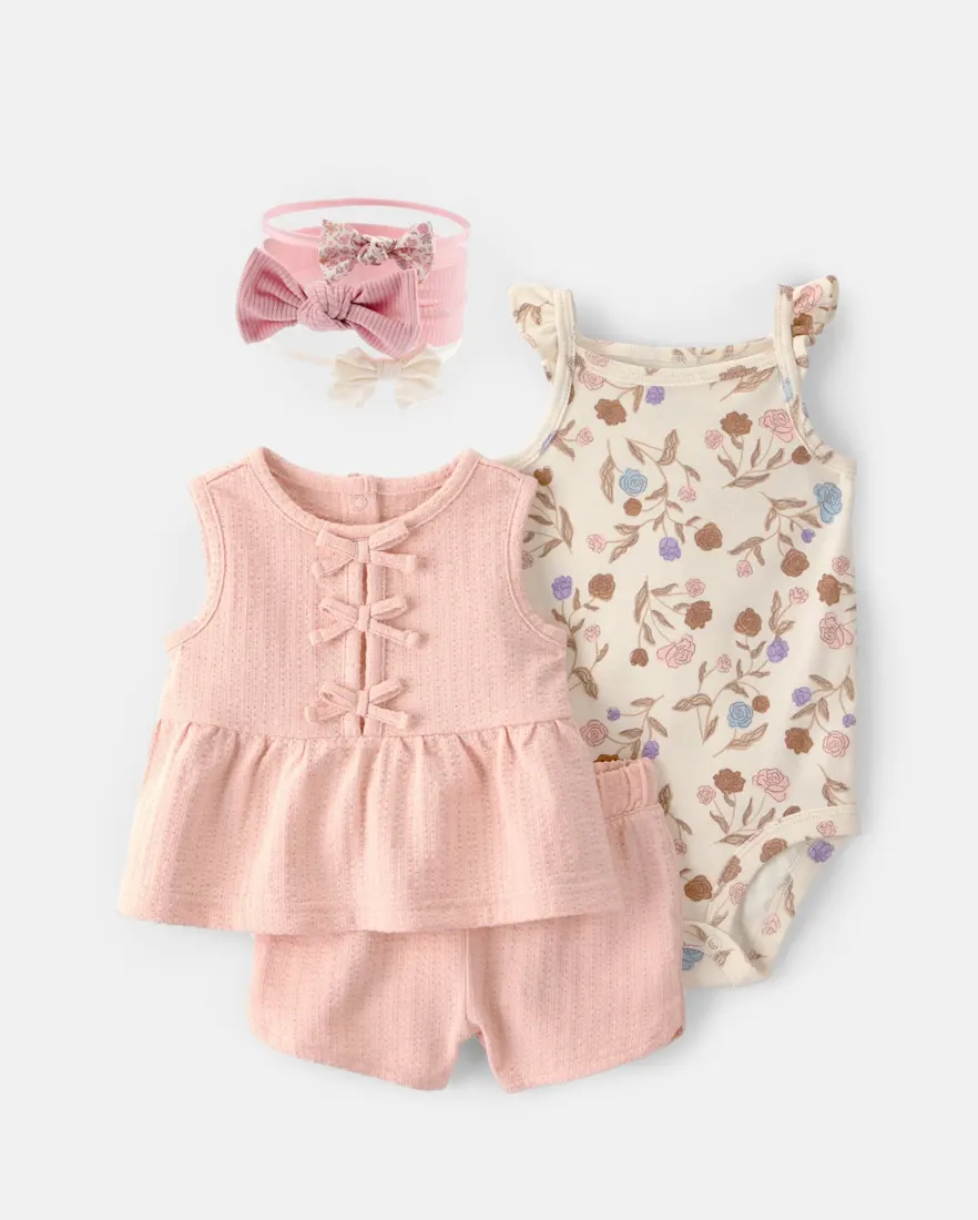 Outra vista de Conjunto com faixa de cabelo bebê menina + caixa de presente 6 peças