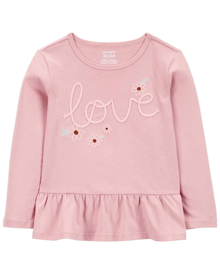 Blusa infantil com babados bordado love rosa