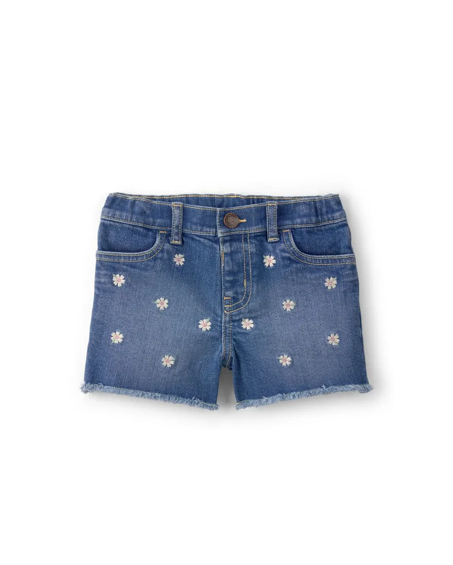 Short jeans infantil reto floral - denim médio
