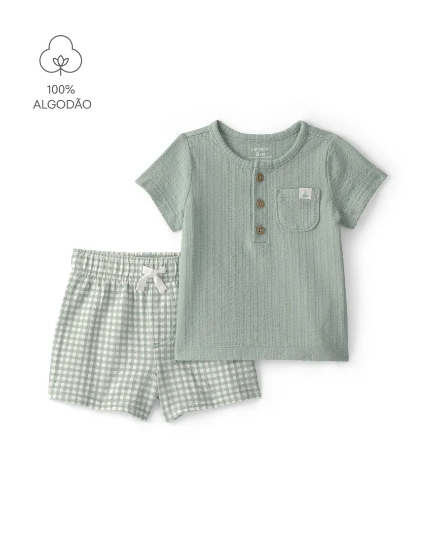 Conjunto curto bebê 2 peças xadrez - Verde
