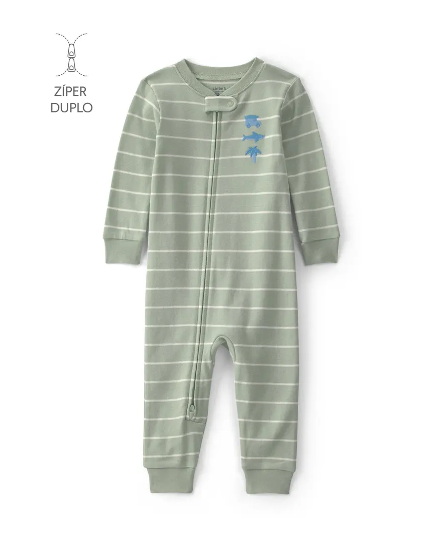 Macacão pijama bebê listrado com bordado - Verde