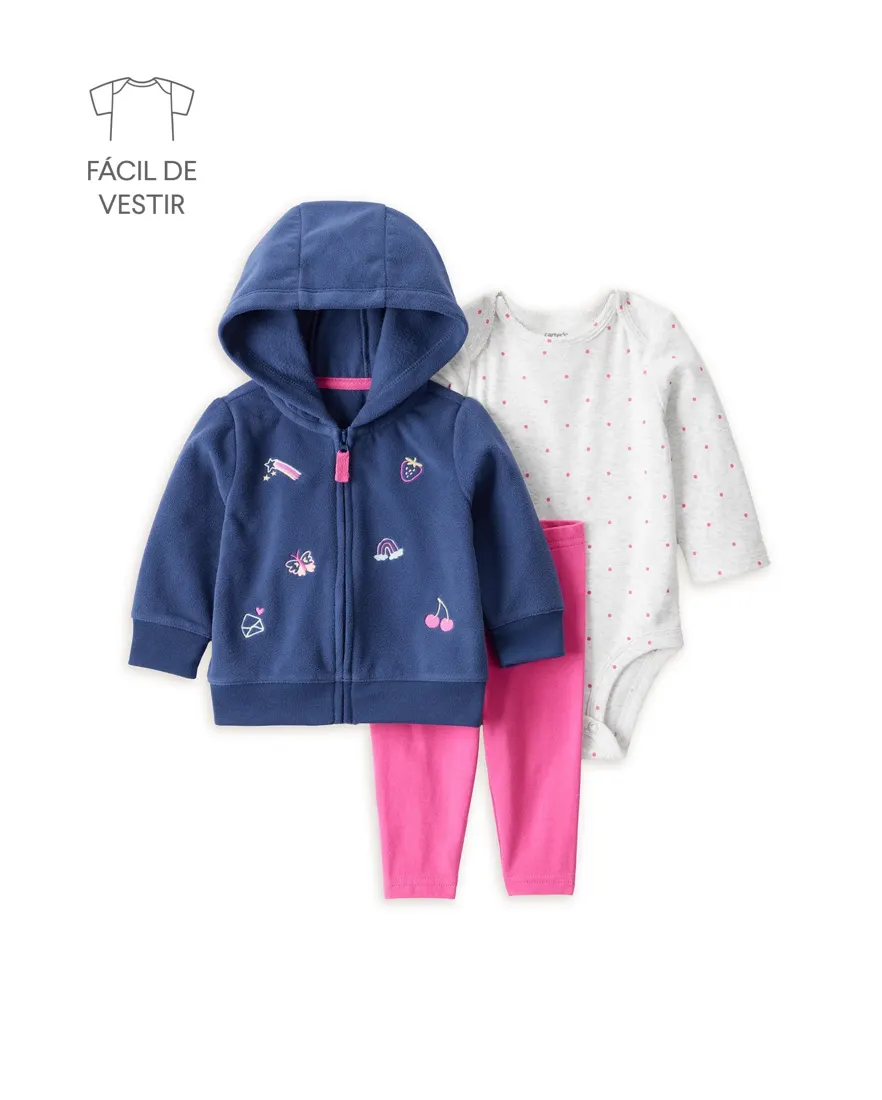 Conjunto longo bebê 3 peças em fleece poá - multicor