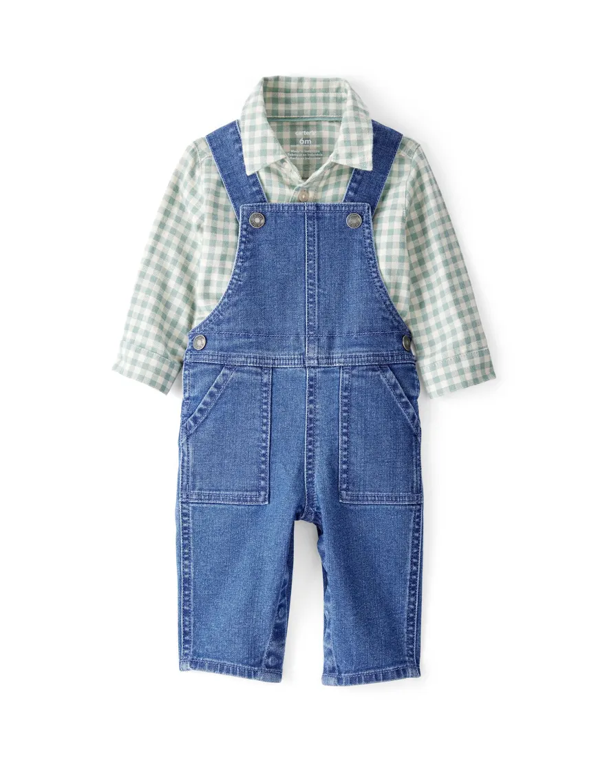Jardineira jeans bebê com bolsos e camisa xadrez - multicor