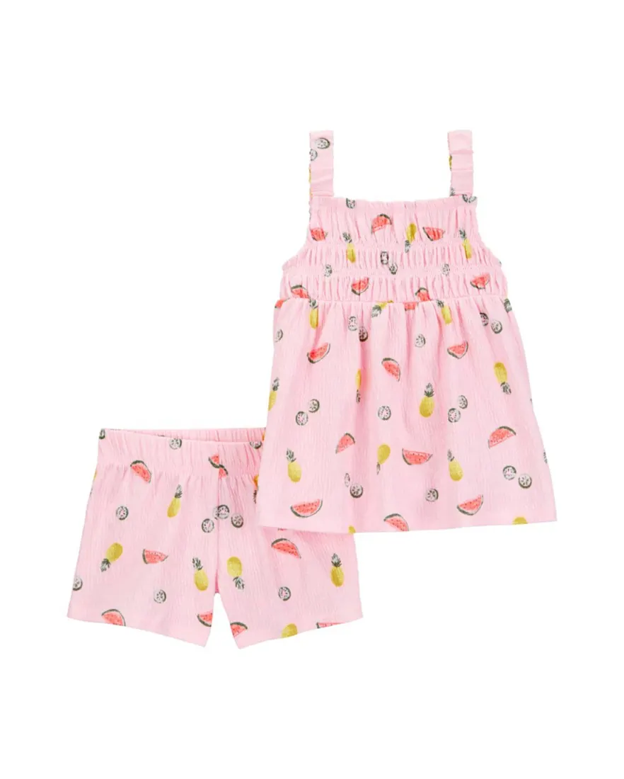 Conjunto curto infantil 2 peças texturizado frutinhas rosa