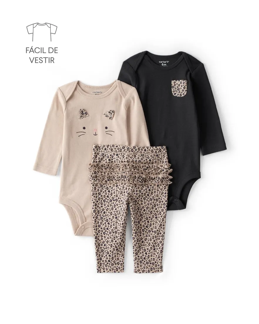 Conjunto longo bebê 3 peças onça - multicor