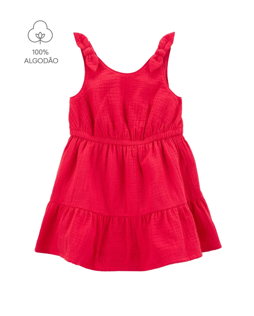 Vestido infantil evasê texturizado com laço vermelho