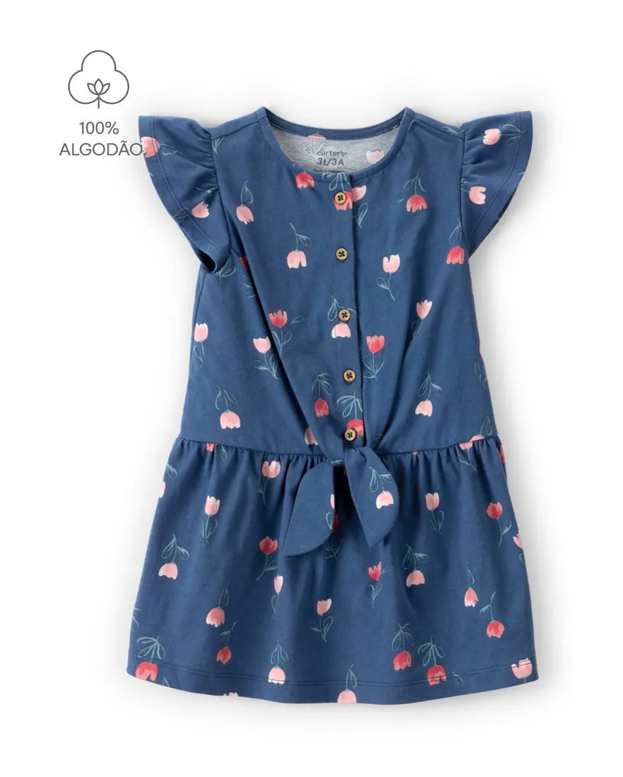 Vestido infantil evasê malha floral - azul