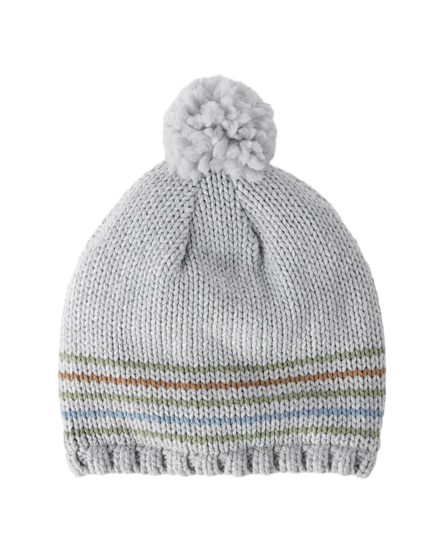 Touca infantil tricot listras com pompom - cinza