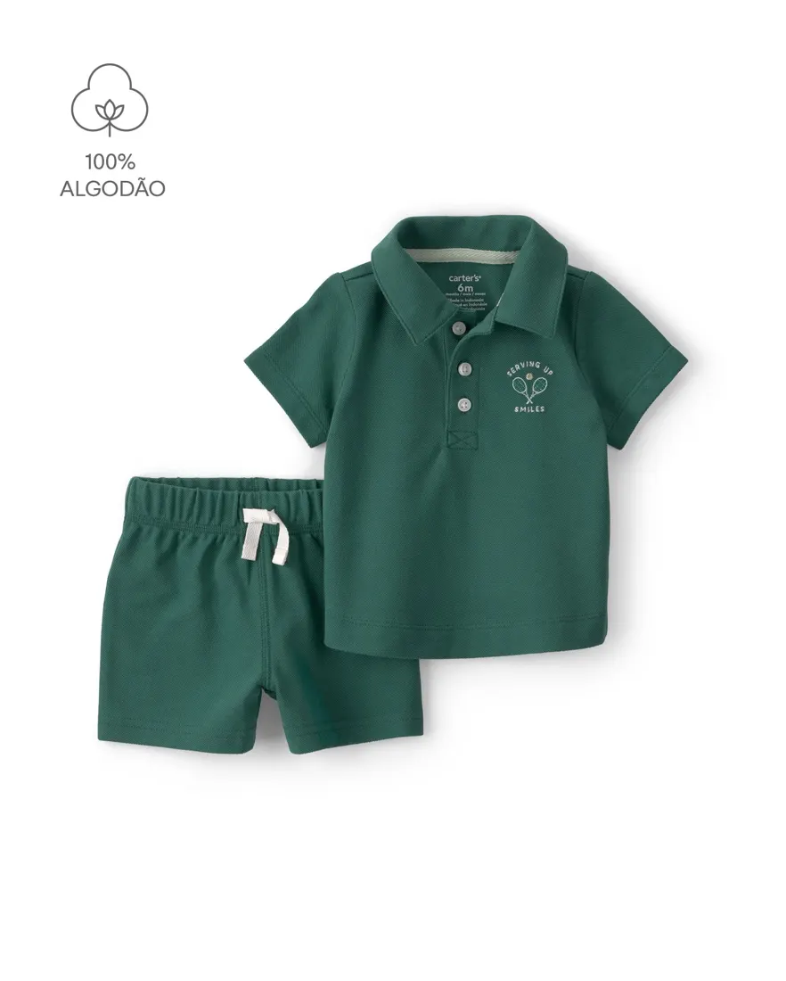 Conjunto curto bebê 2 peças bordado frontal - verde