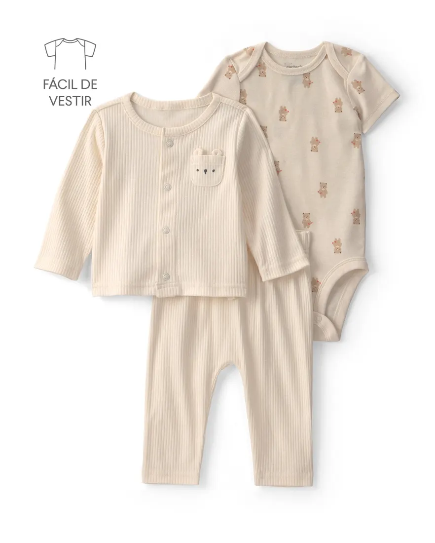 Conjunto longo bebê 3 peças canelado e ursinhos - multicor