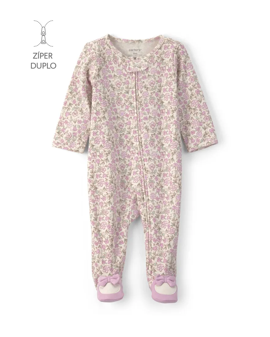 Macacão bebê com pezinho laço floral - bege